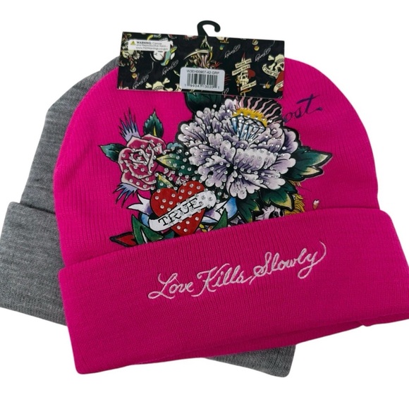 Ed Hardy Accessories - Ed Hardy Set of 2 Gray and Pink Beanie Set Love Kills Slowly NWT